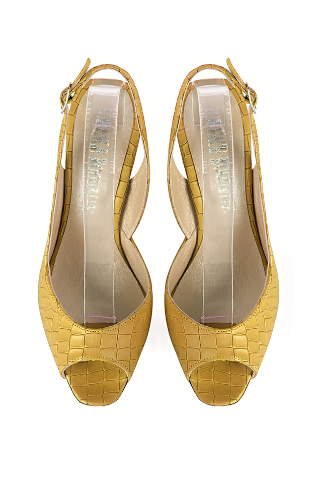 Women's mustard yellow elegant peep-toe slingback heels. Round toe. High slim heel - Top view